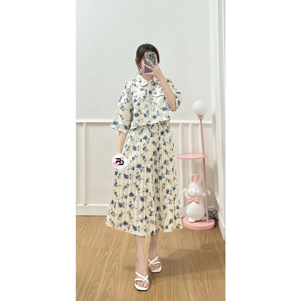 One Set Fuji / One Set Clara Kemeja Crop & Rok Midi Plisket