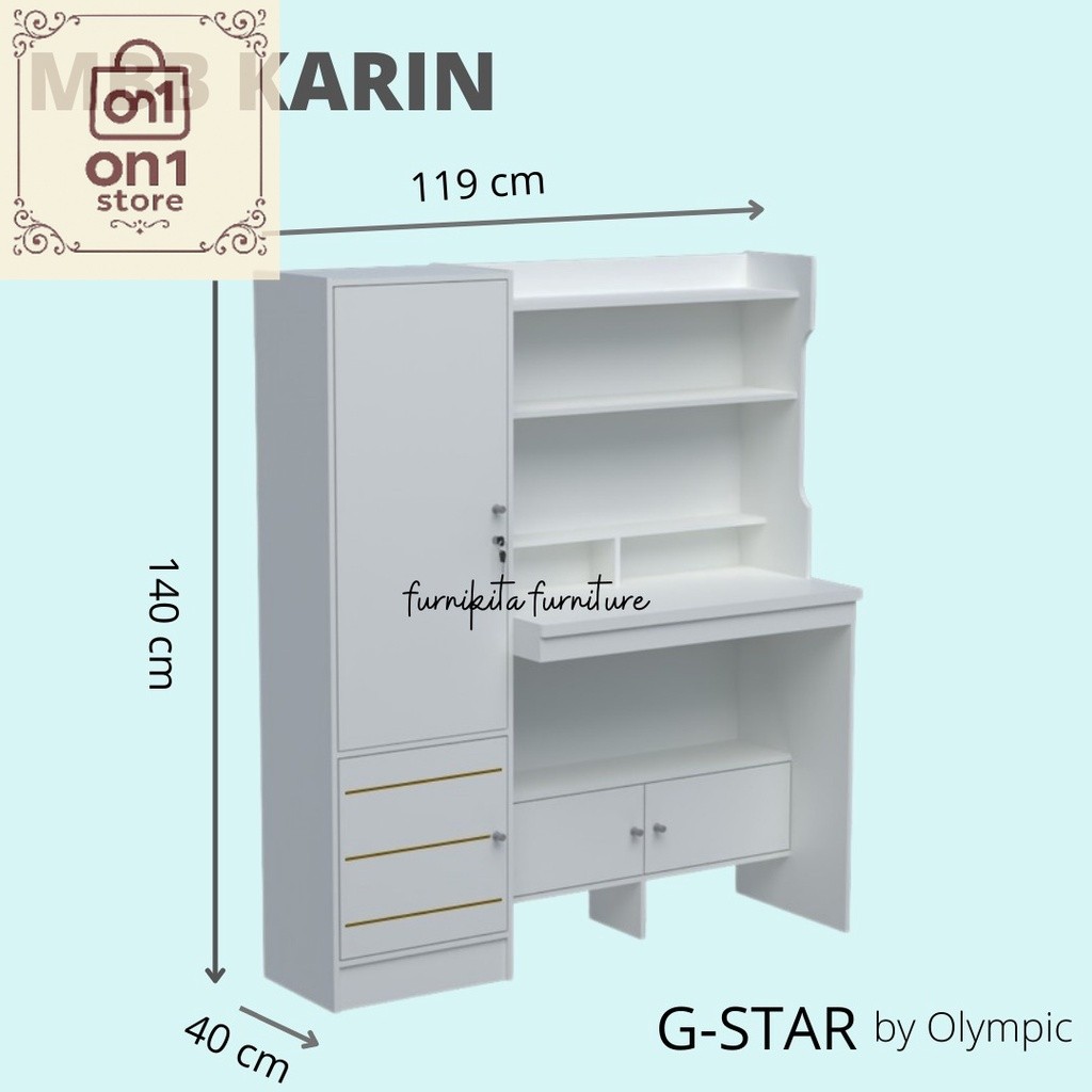 Meja Belajar Murah / Meja Belajar Lemari Buku OLYMPIC MBB KARIN - Putih Modern Minimalis
