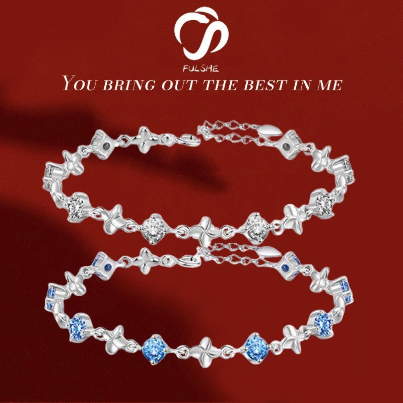 FULSHE Gelang Wanita Gaya Korea Semanggi Empat Daun Asli Bracelet Zircon Biru Berkilau untuk Wanita 