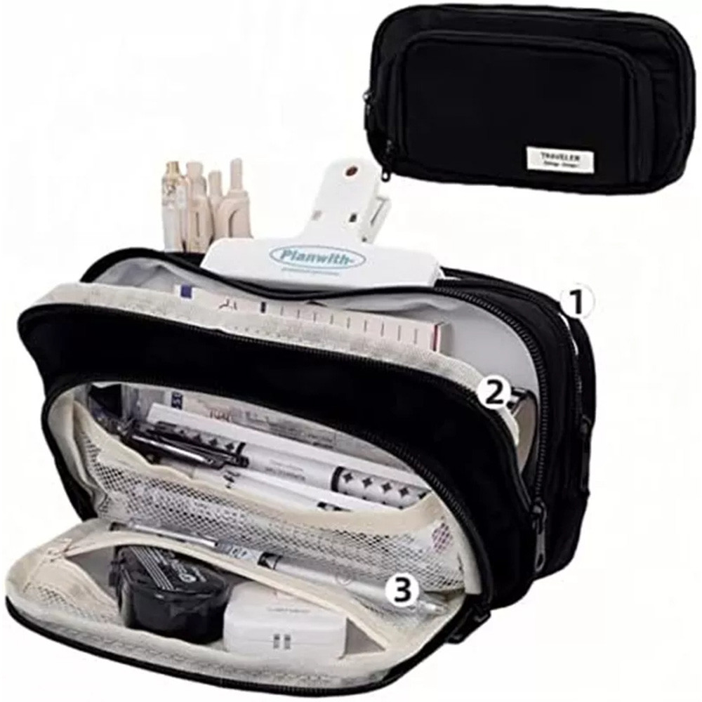

Stylish Black Anti-Dirt High Capacity Pen Pouch Three-Layer New Female Student Elementary Middle School Pencil Case
