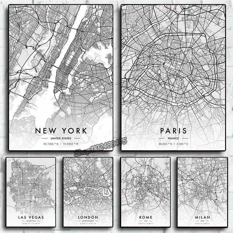 

City Map Artwork Paris New York Canvas Painting HD Printed Black and White Map Wall Art Picture for Living Room Home Decor