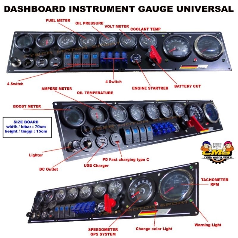 Speedometer Dashboard instrument gauge universal Tachometer rpm water temperature oil temp fuel volt