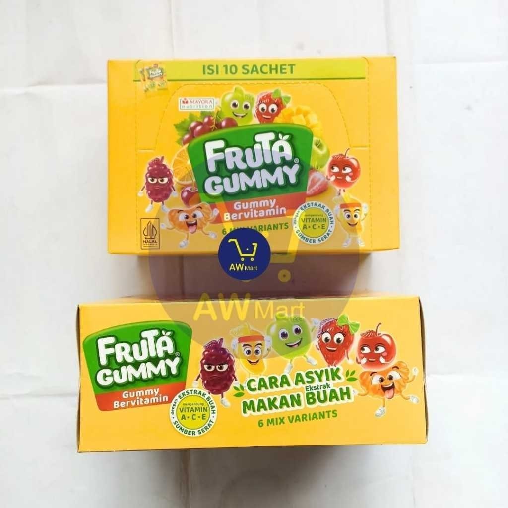 

FRUTA GUMMY PER BOX ISI ( 10 SACHET X 25 GRAM ) - GUMMY BERVITAMIN RASA BUAH PER BOX