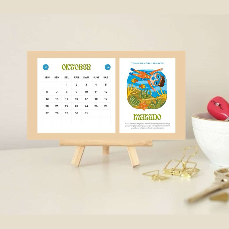 

WORDGIFT Kalender 2025 | Decoration Calendar | A6 Size | Wooden Stand Landscape Calendar 2025 Desk Calendar Planner Landscape Aesthetic Minimalist Vintage Colorful Monochrome | Kalender Meja Estetik Tema Vintage Monokrom