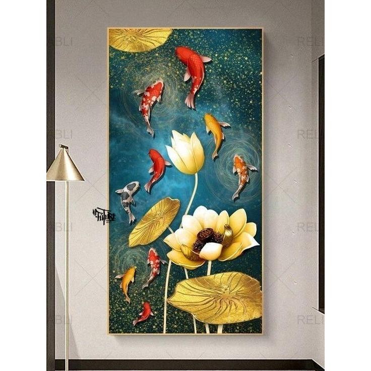 lukisan ikan koi fengshui dinding ruang tamu 9 ekor - Future Art Painting
