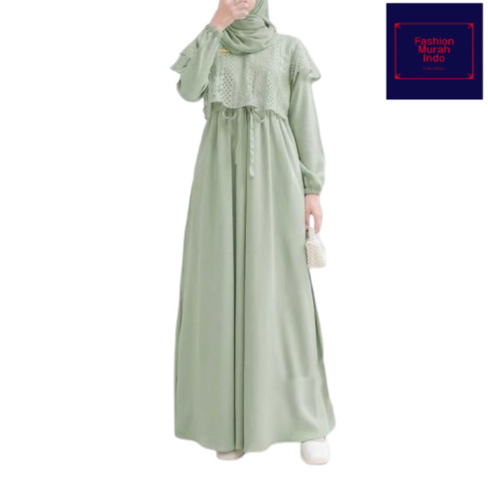 B_G / Gamis lebaran 2025 warna sage green hijau crinkle brokat dress premium - L