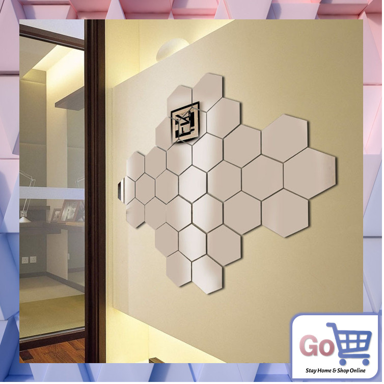 Go - 831 (12PCS) Stiker Cermin / Kaca Cermin Hexagonal / Cermin Segi Enam