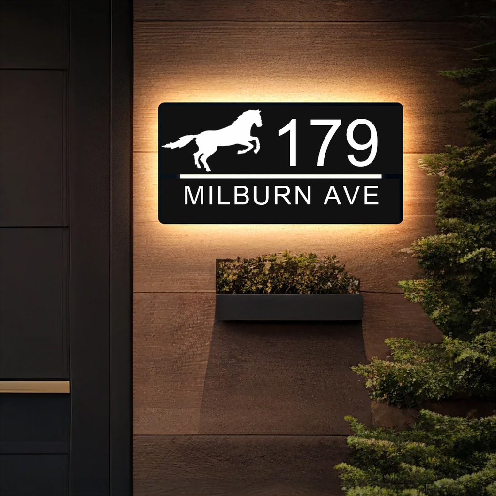 Modern Illuminated House Number Horse Pattern Decor House Street Address Number Sign Personalized Ba