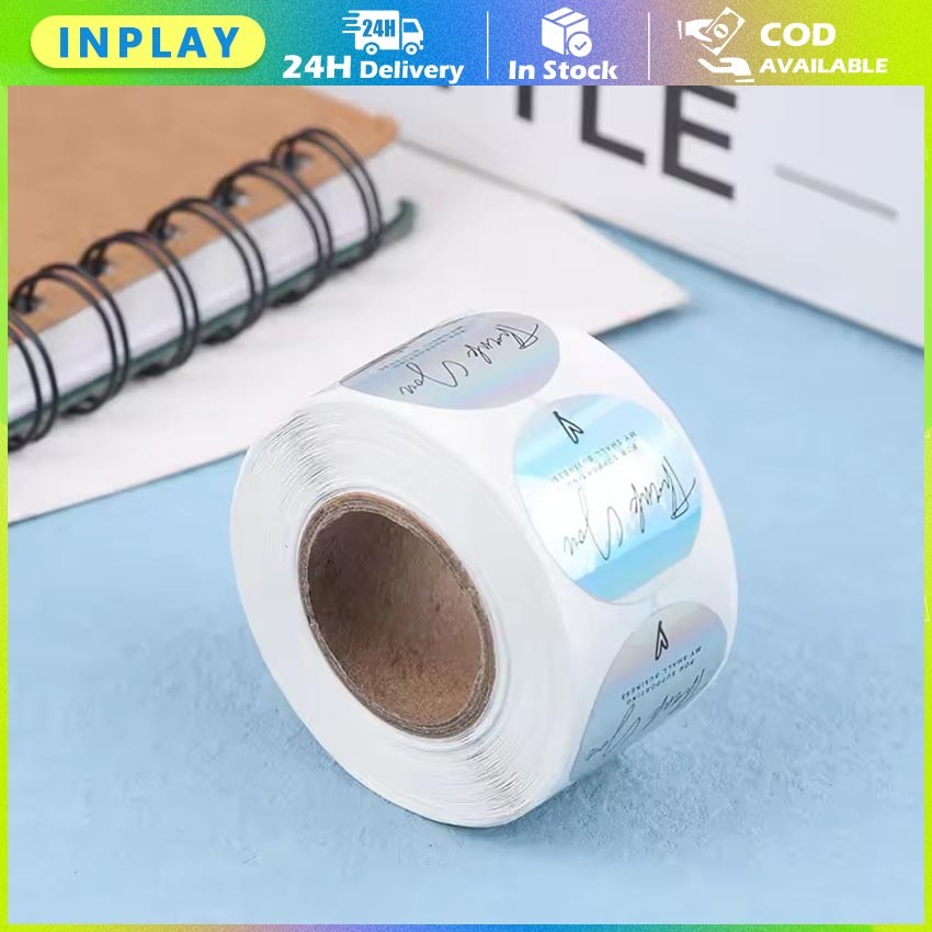 

1 Roll (500 Pcs) Label Stiker Terima Kasih Laser Warna-Warni Motif Cantik Diameter 2.5 CM