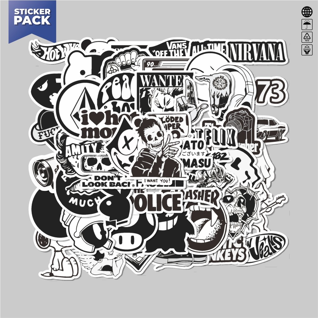 

[100PCS]Stiker Pack Stiker Aesthetic Black And White Brand Distro Versi 6 Aesthetic Vinyl Anti Air Dekorasi Sticker Laptop Buku Journal Koper Helm Casing HP Gitar Helm Skateboard