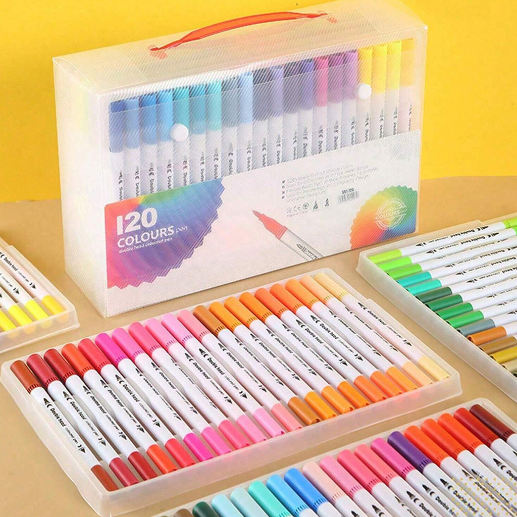 

12-120 Warna Spidol Cat Air Double Head Untuk Anak - Bisa Dicuci, Kuas Lembut Dengan Pulpen Marker, Perlengkapan Seni Sekolah & Kantor H582