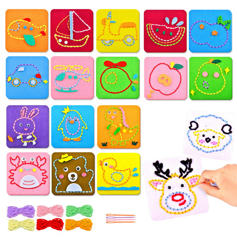 

Fine Motor Skill Training Non-woven Fabric Sewing Boards DIY Embroidery Kit For Children Kids Cartoon Animal Fruit Traffic Craft