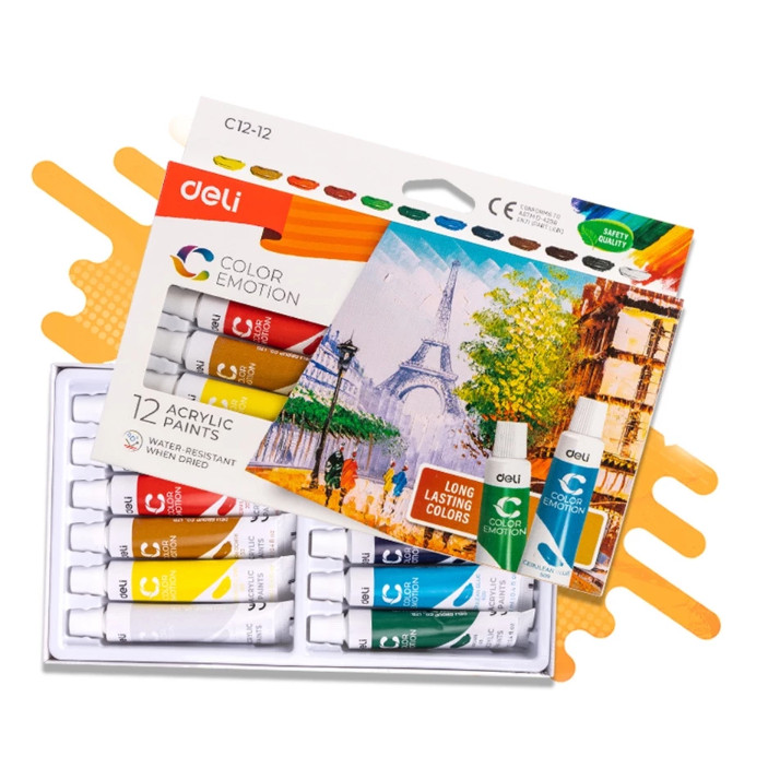 

BOBOMARTS Deli Acrylic Paint Cat Akrilik 12/24 Warna, Kemasan Kotak 12ml EC12