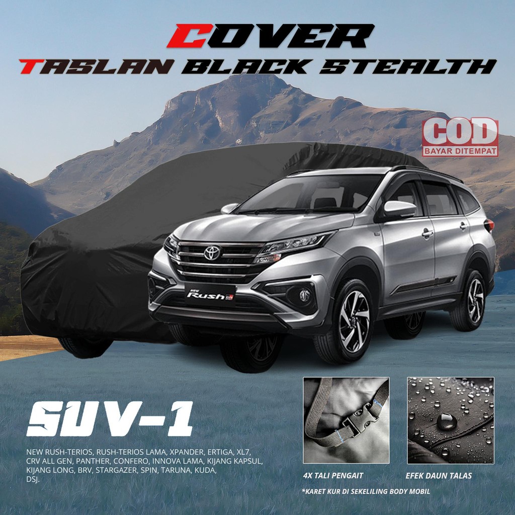 Cover Mobil Kain Taslan Hitam Polos Karet Kur Pengait Anti Panas UV, Debu, Waterproof Anti Air untuk