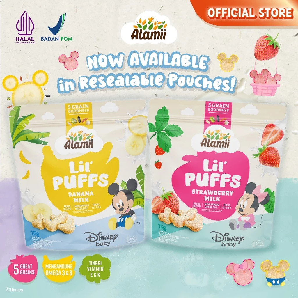 Alamii Lil Puff Disney 15G Cemilan MPASI Snack Sehat Anak Bayi 9 Bulan No MSG Strawberry Banana Milk