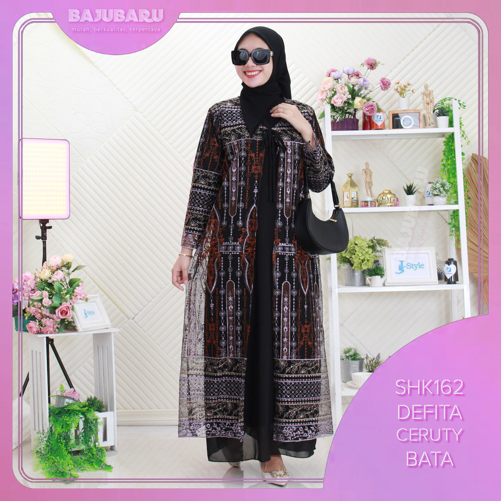 Defita Gamis Busui Jumbo Set Hijab 3in1 Ceruty Full Furing Rompi Brukat Tile