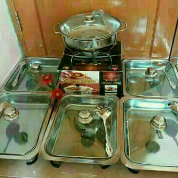 FR54E PROMO Tempat Makan Prasmanan set tutup full kaca atau batik bahan stainless isi 5 kotak + 1 bu