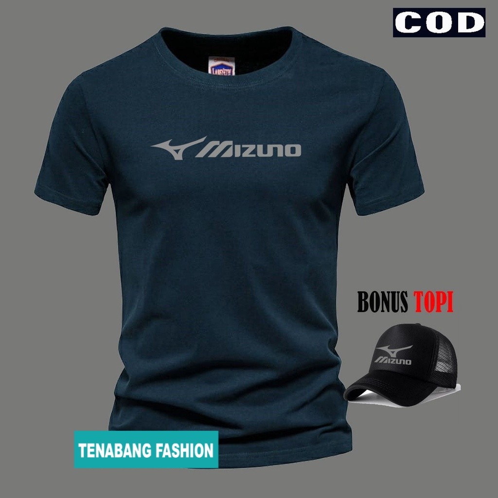 BONUS TOPI.. Baju Kaos T-Shirt Pria Wanita Distro Logo Mizuno Lurus Text Silver Lengan Pendek Premiu
