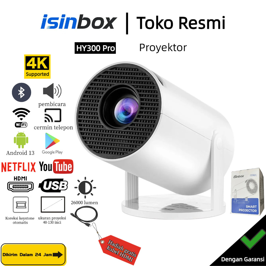 iSinbox HY300 Pro Mini Proyektor Android 13 Proyektor Pintar 2+16GB Wifi6 Bluetooth 5.0 Proyektor Po