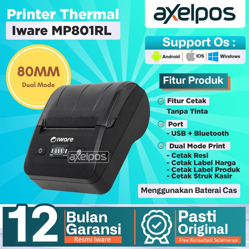 Printer Thermal Mini Dual Mode Usb Bluetooth 80mm - Cetak Struk & Label Stiker Iware MP801RL
