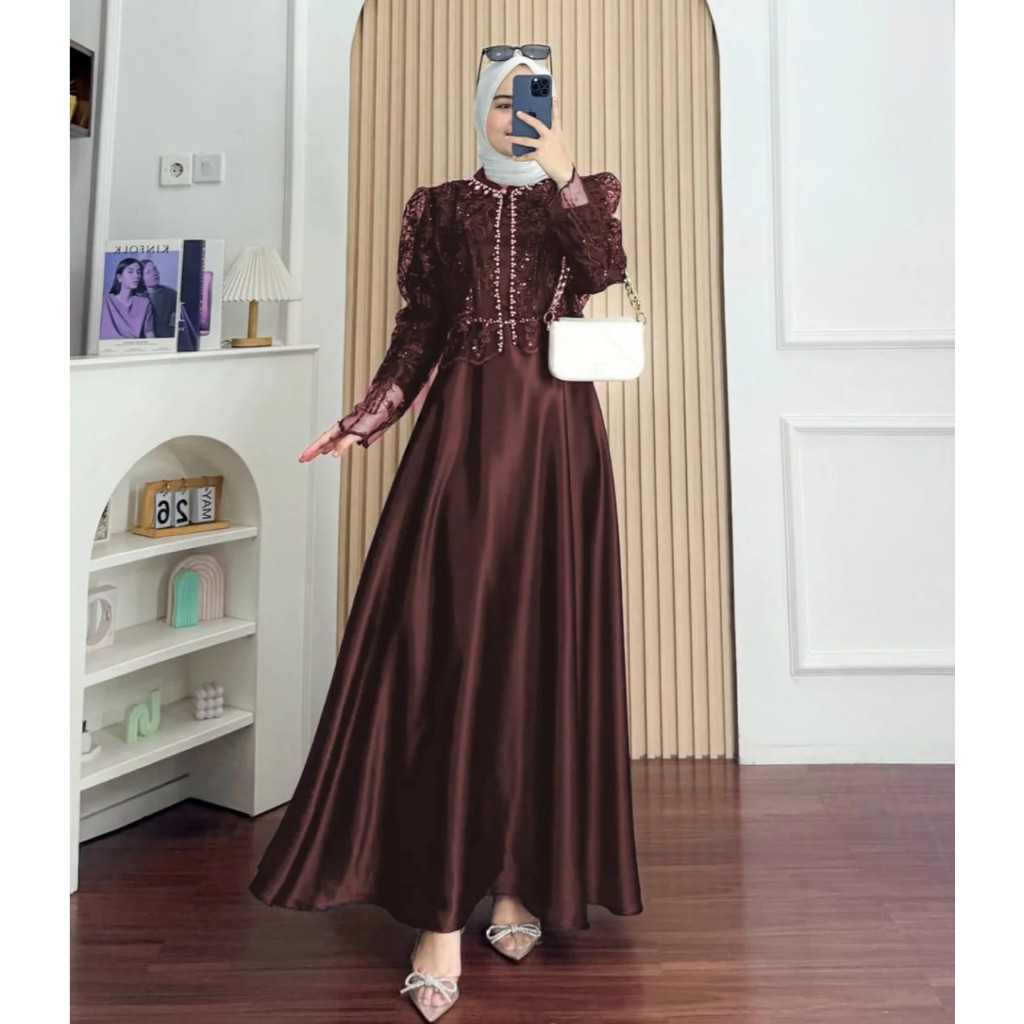Dress Wanita Kondangan Sakura Set Outer Brukat Gamis Lebaran 2026 Model Gamis Terbaru