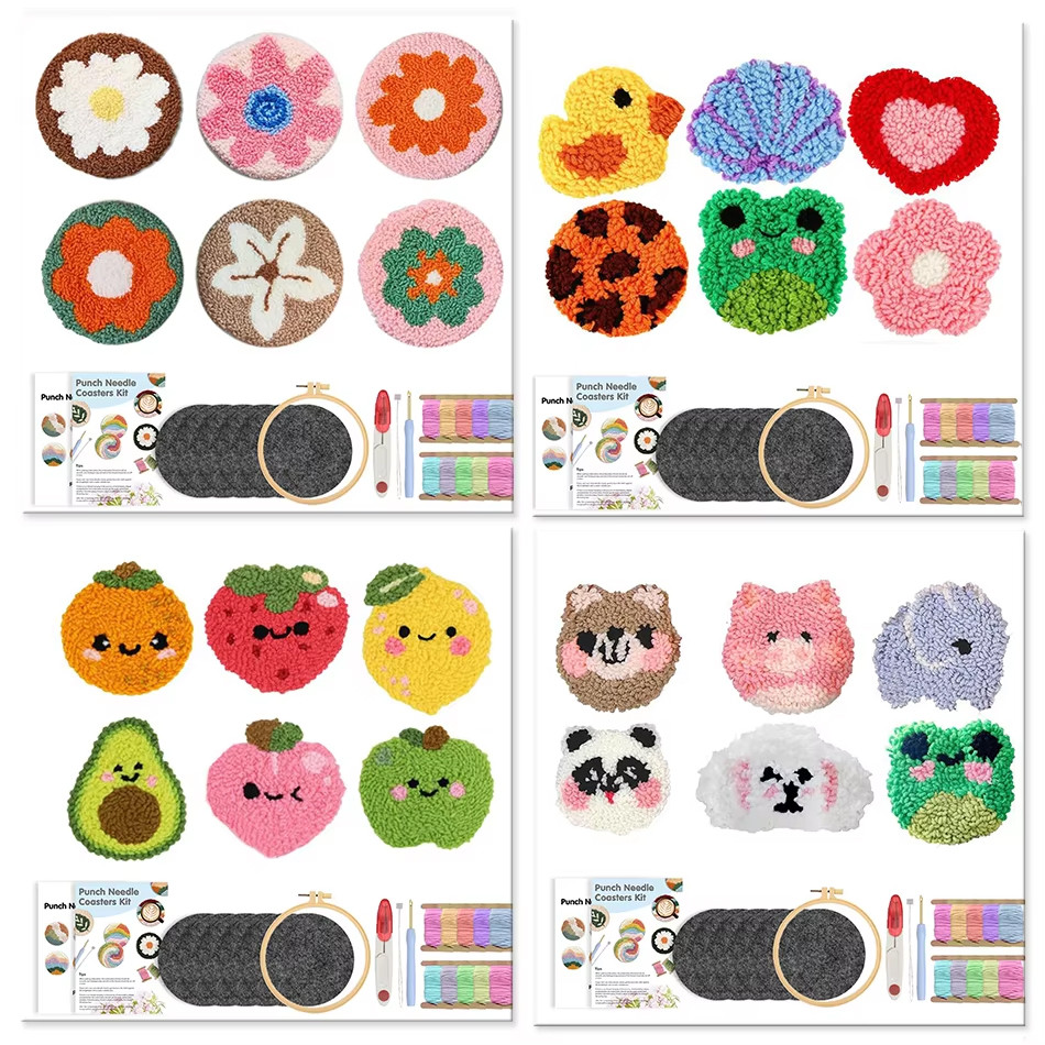

6pcs Craft Punch Needle Coaster Kit for Beginners Adults Animal Flower Punch Needling Coaster DIY Embroidery for Mom Gift