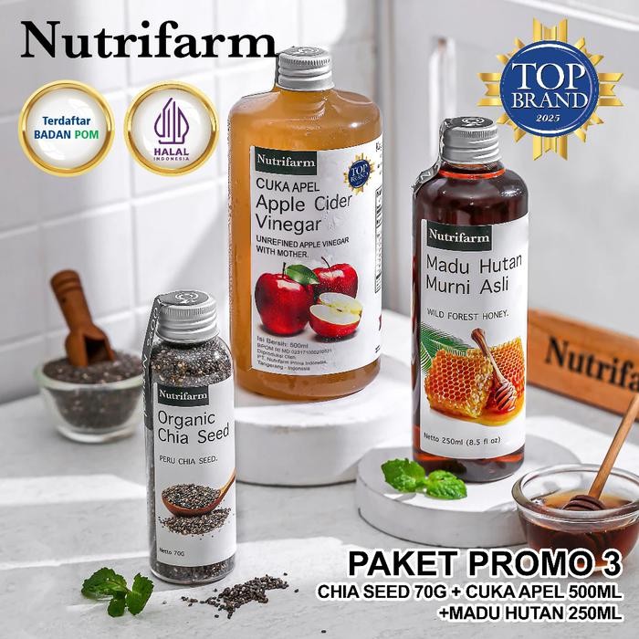 

NUTRIFARM PAKET PROMO 3 CUKA APEL 500ML, MADU HUTAN 250ML, CHIA SEED 70G