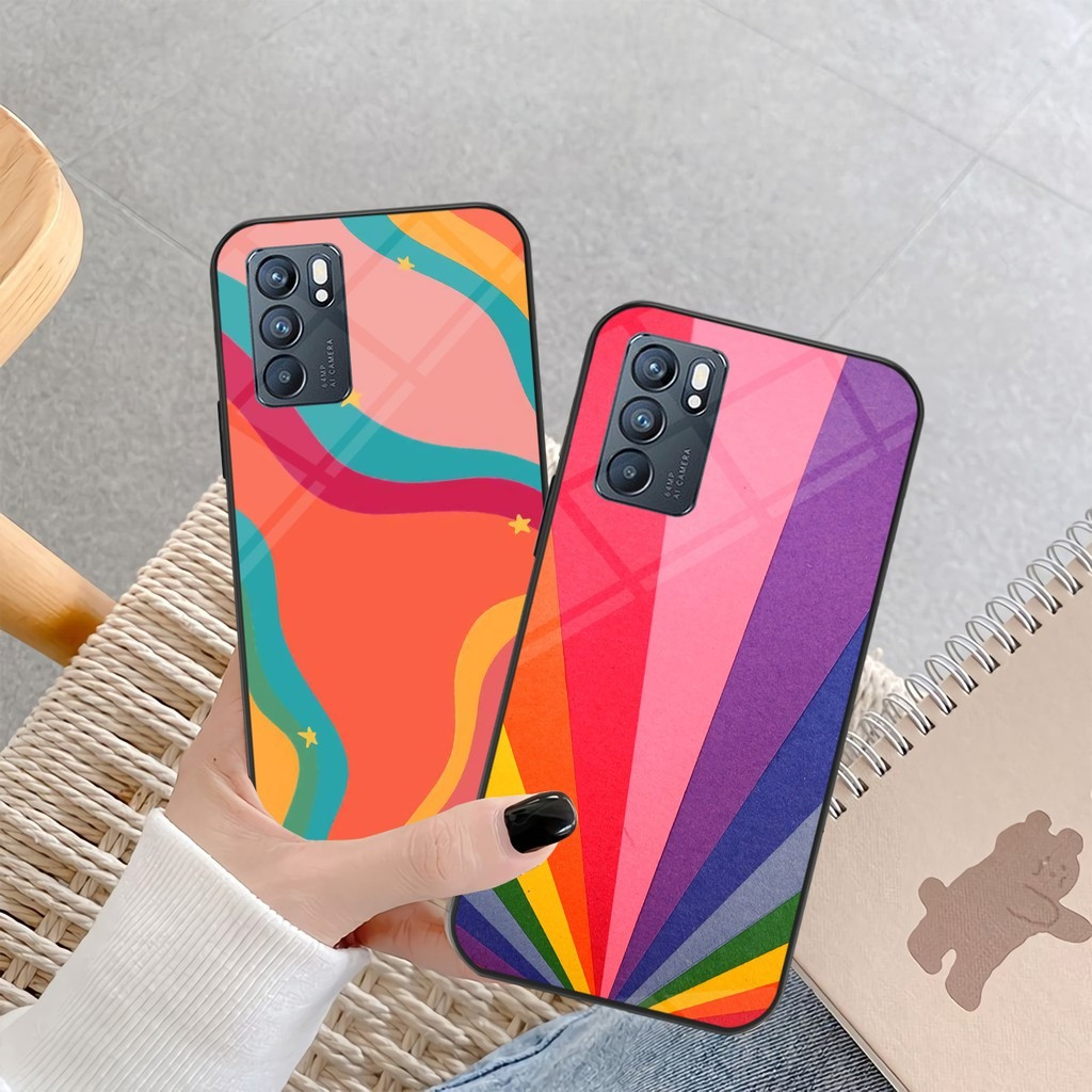 AC0051 Case OPPO RENO 6 5G 4G RENO5 RENO 5F RENO 4 RENO 4F Softcase 2D Glass Custom Case Rainbow Aes