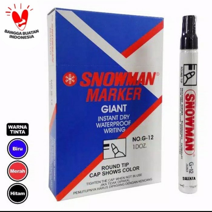 

[New Arrival] spidol snowman permanent marker G12 satu lusin isi12pcs hitam,biru,mer - Hitam