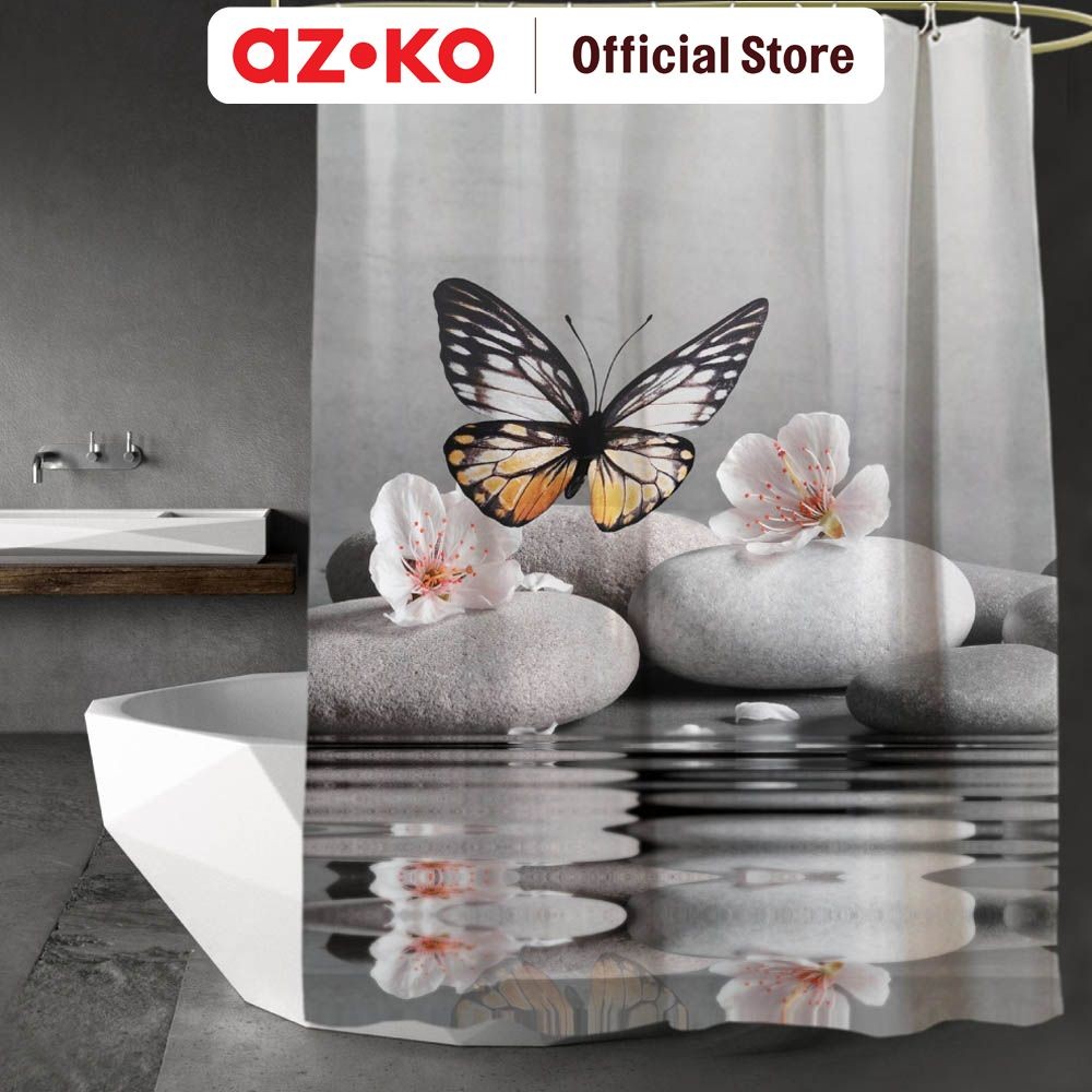 AZKO Forhom 180x180 cm Tirai Kamar Mandi Dengan Hooks Butterfly Gorden Penutup Ruang Shower Curtain 