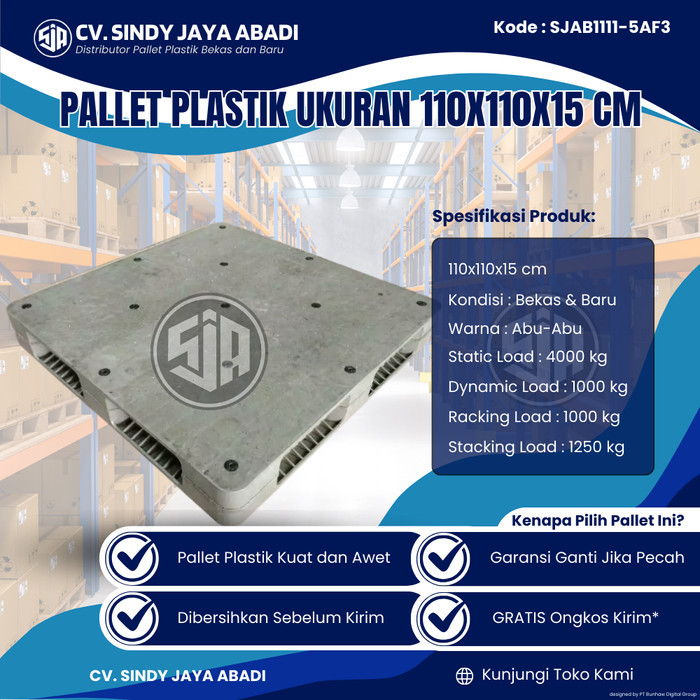 

Pallet Plastik Bekas Ukuran 110x110x15 cm - SJAB1111-5AF3 / Pallet Plastik Warna Abu-Abu / Pallet Plastik Flat