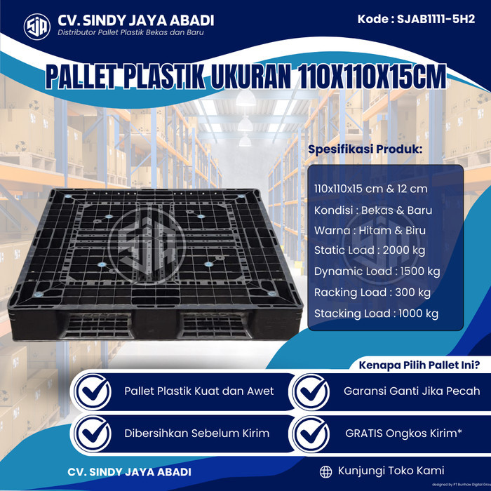 Pallet Plastik Bekas Ukuran 110x110x15 cm - SJAB1111-5H2 / Pallet Plastik Warna Hitam / Pallet Plast