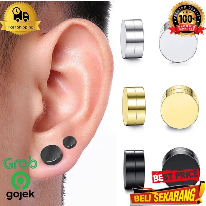 Anting pria magnet jepit hitam silver gold no luntur tanpa tindik ,/ tindik magnet / tindik hitam / 