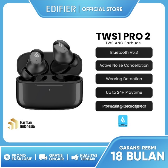 Edifier TWS1 Pro 2 True Wireless Noise Cancellation In-Ear Headphones - Hitam