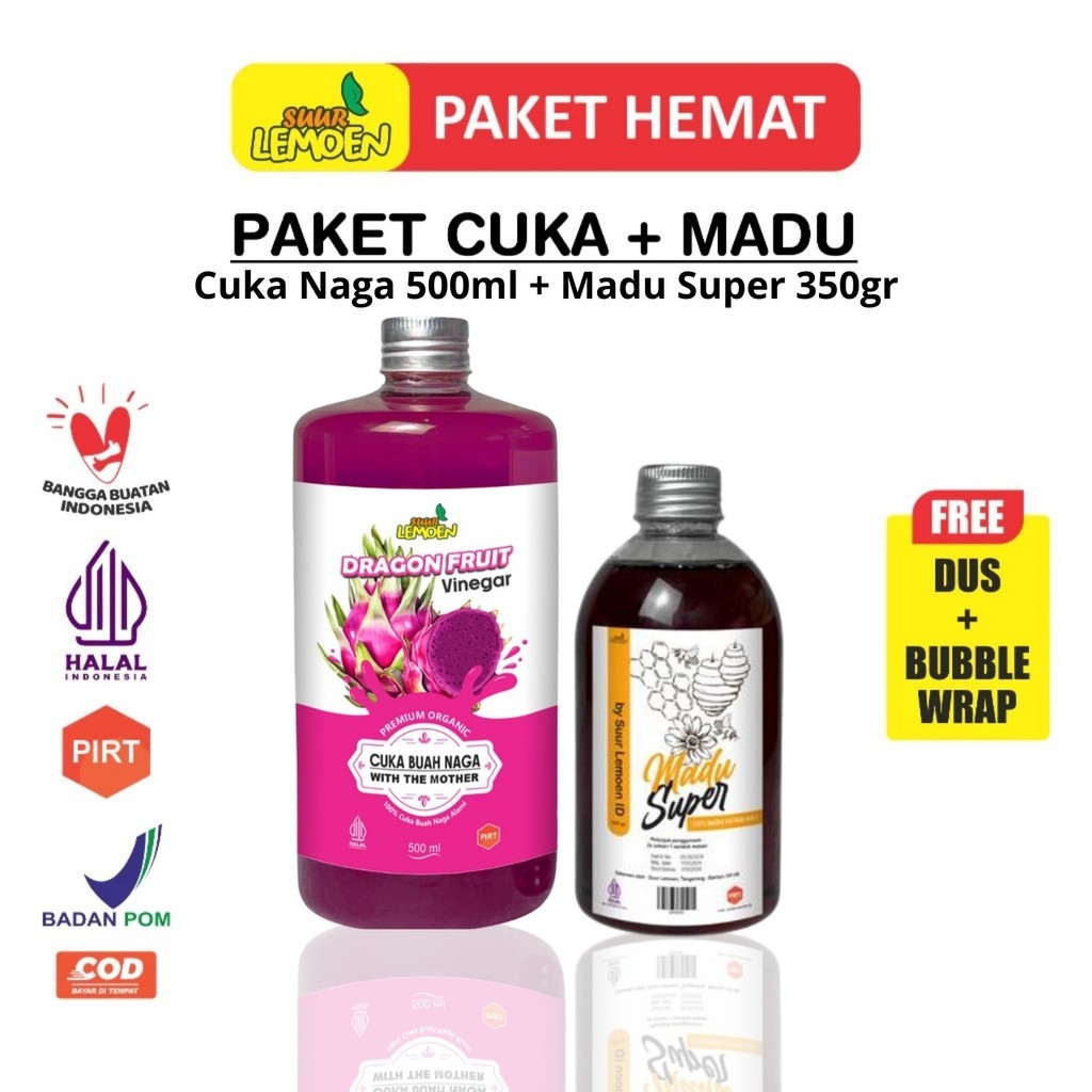 

Suur Lemeon | Paket Cuka Madu - Cuka Buah Naga 500ml dan Madu Hutan 350gr Asli Berkhasiat