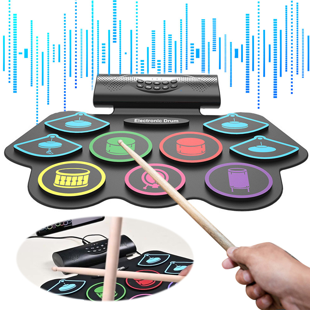 Roll-Up Drum Practice Pad with Drum Sticks and Pedals Electric Drum Pad BT Electric Drum Set for Kid