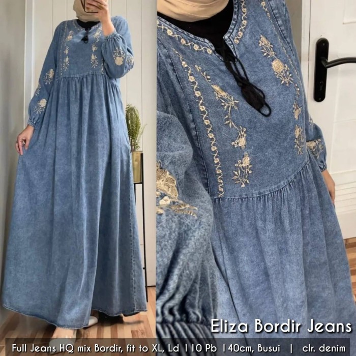 Gamis Wanita Keren Murah Bahan Bagus /Baju Gamis Wanita Muslim Eliza Bordir Dress Jeans Polos Cantik