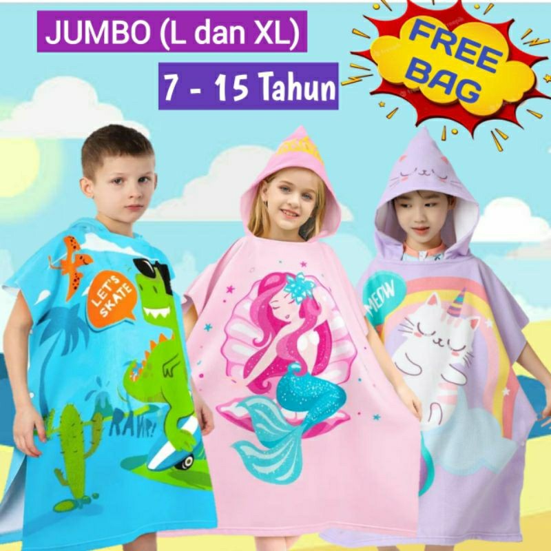EE76YT HANDUK PONCO JUMBO ANAK USIA 6, 7, 8, 9, 10, 11, 12, 13 TAHUN, HANDUK RENANG, HOODIE KARAKTER
