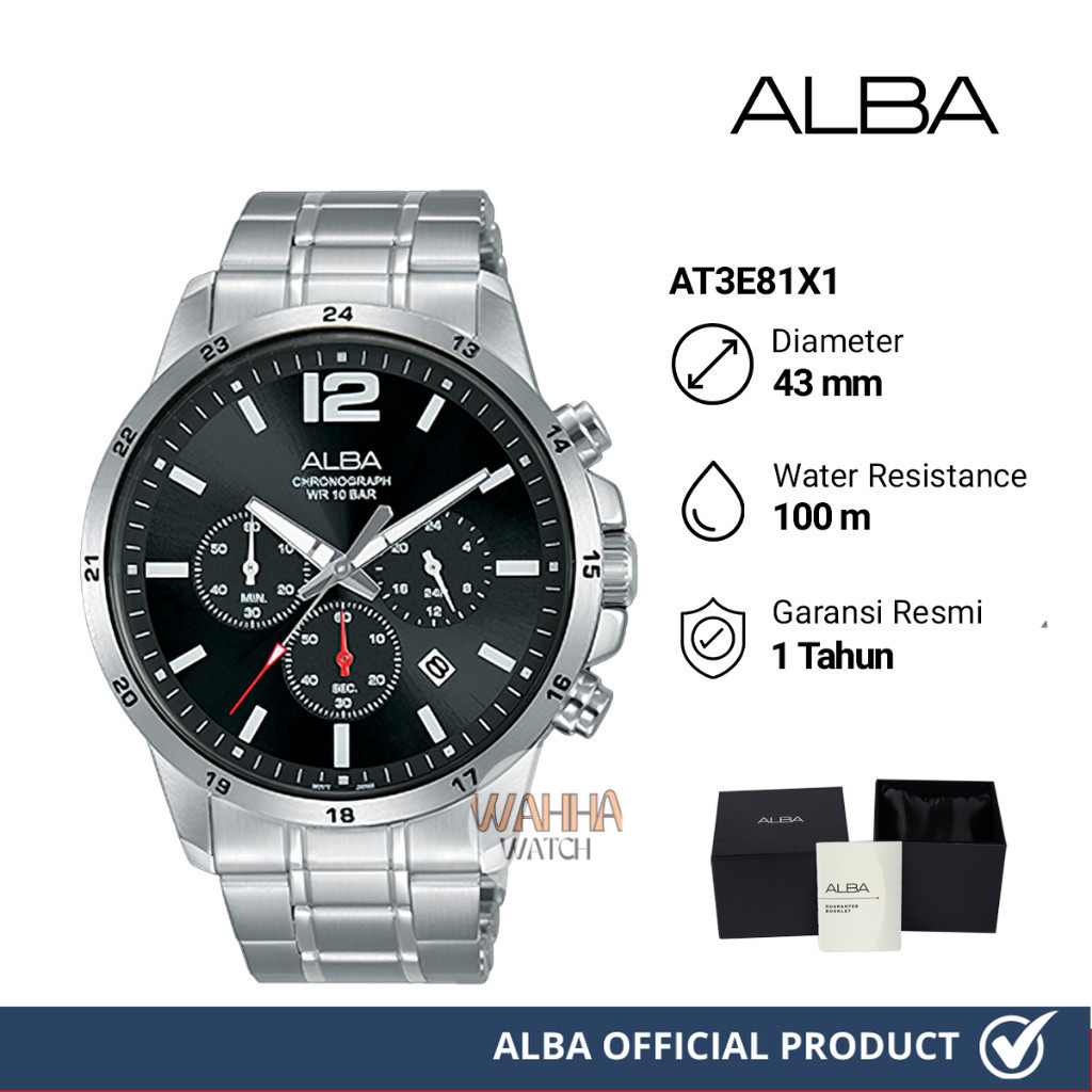 Jam Tangan Pria Alba Chronograph AT3E81X1 Black Dial Silver Stainless Steel