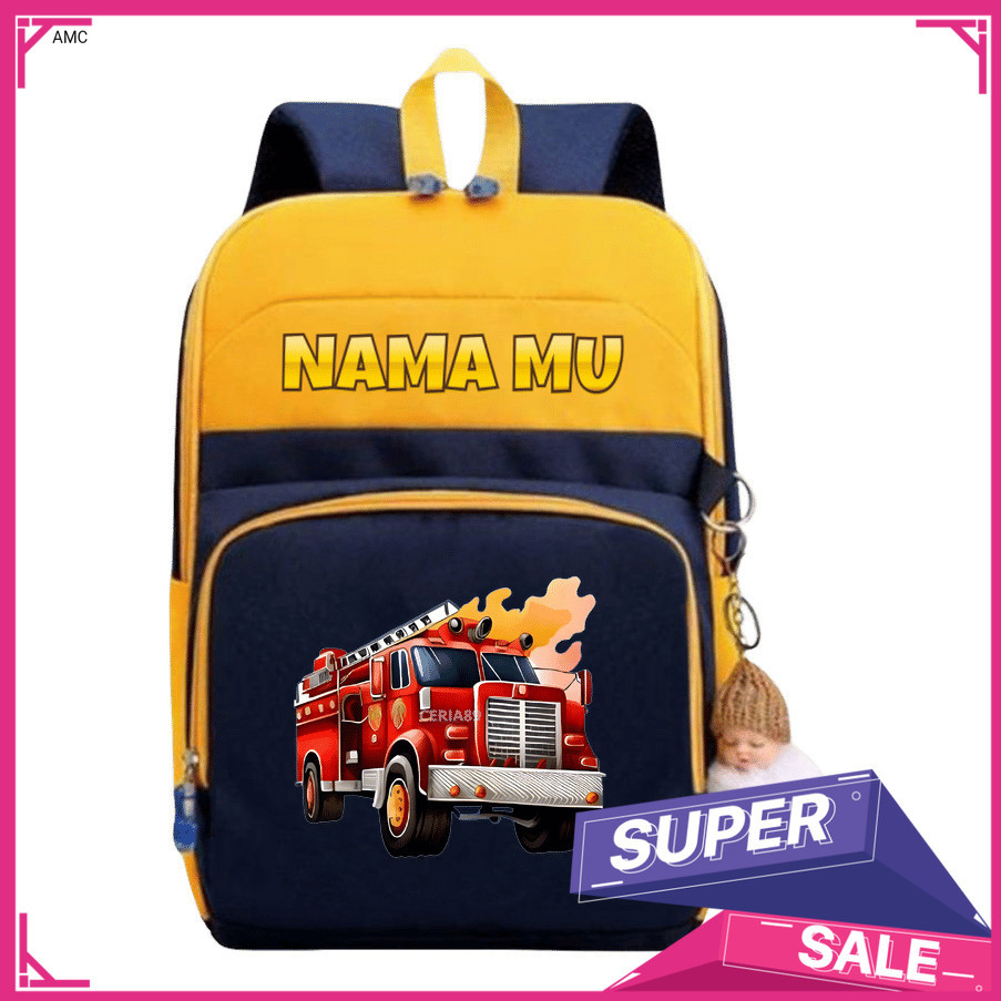 AMC Tas Ransel Anak Fire Truck – Backpack Sekolah TK SD Tema Pemadam Kebakaran, Warna Merah Cerah, D