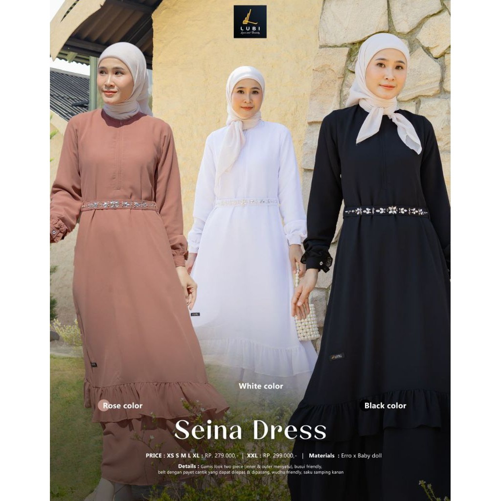 Lubi Gamis Polos Premium Seina Dress | Gamis Hitam Polos Belt Payet Premium | Gamis Putih Polos Ruff