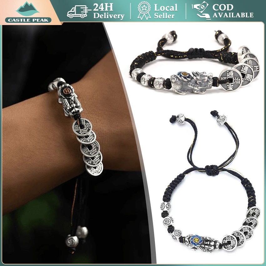 Gelang pixiu titanium tali hitam pria feng shui asli perak pixiu gelang keberuntungan china