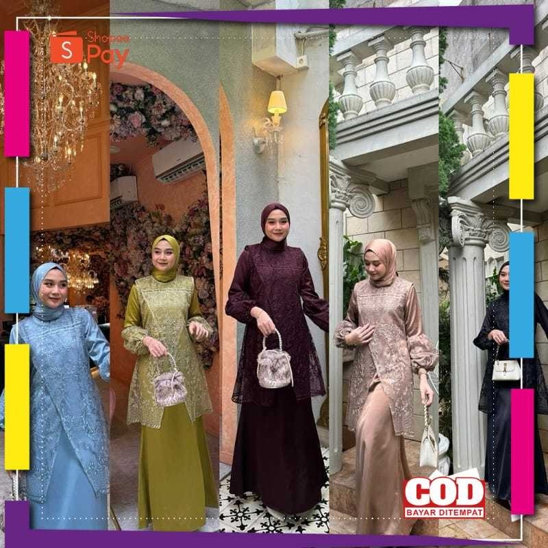 [PREMIUM ORIGINAL] Farah Long Dress + Vest Outer Tille Brukat Gamis Kondangan Brukat Busui