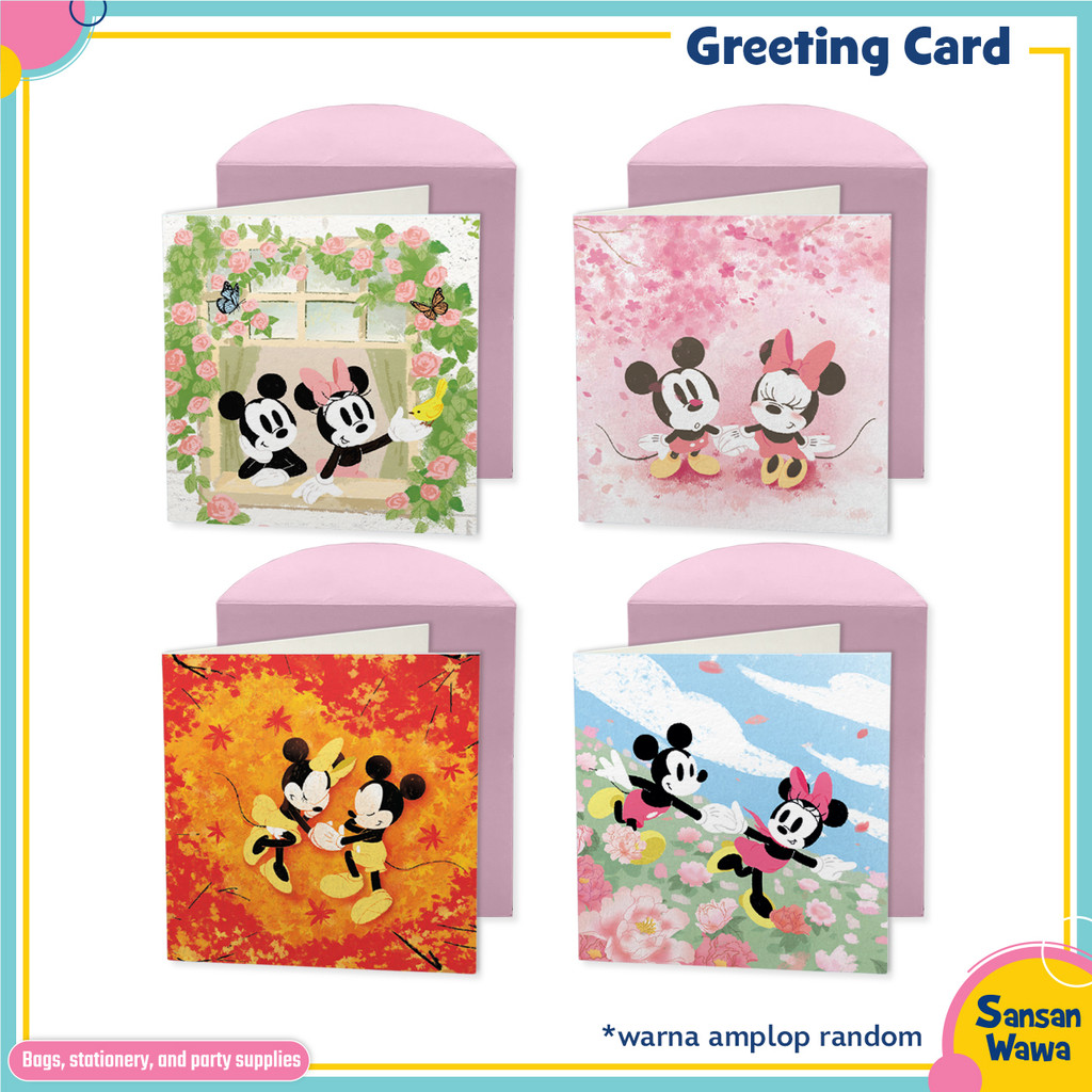 Kartu ucapan gift card karakter Mickey Minnie 1 pack dapat 7 lembar size 7 x 7 cm, ulang tahun, birt