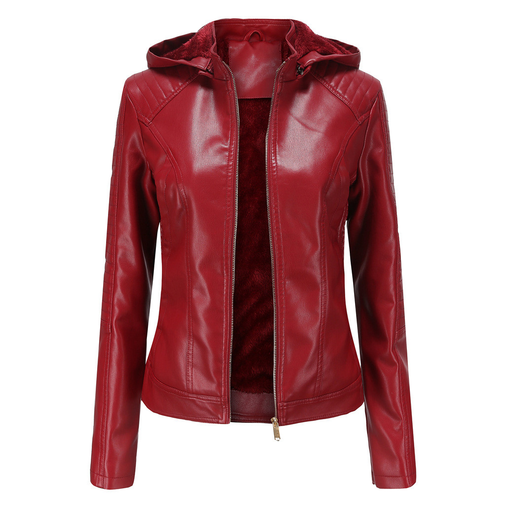 Winter New Black Fleece Hooded Leather Jacket Women's Fashionable Trim Motorcycle Women Coat Zipper 