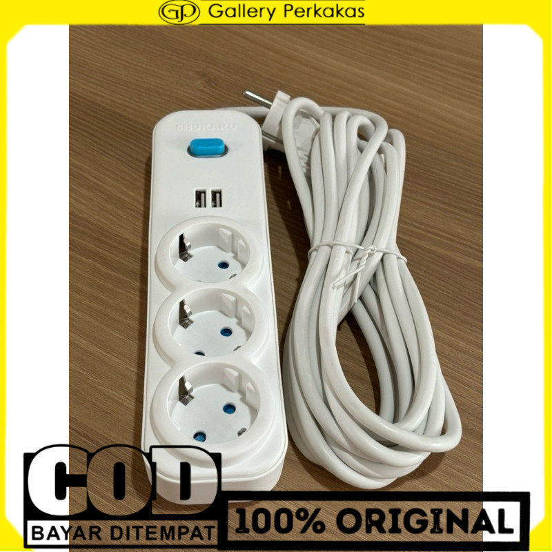 Shukaku premium stop kontak kabel + saklar + 2 Colokan Usb 3 lubang 5 meter Tembaga Murni SKU 8153 K