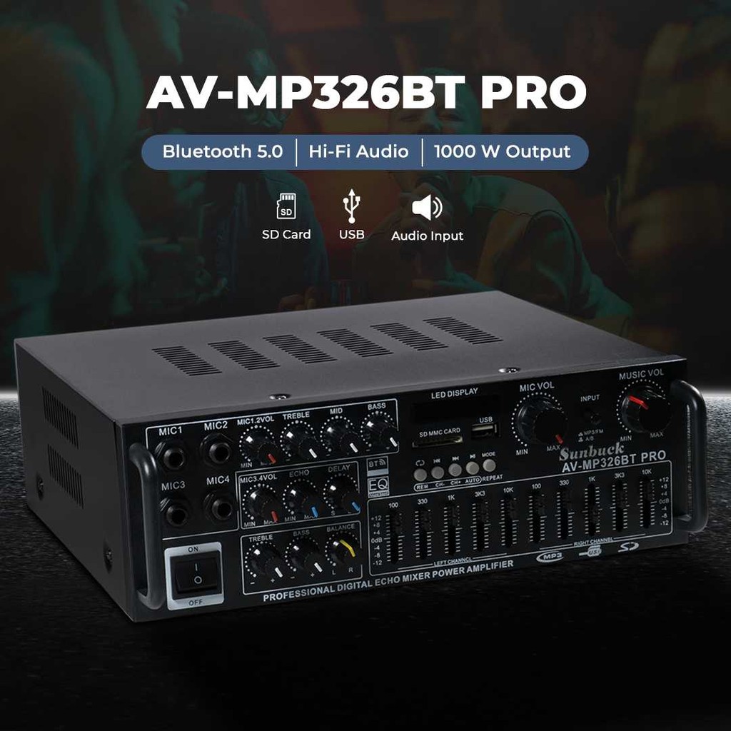 Sunbuck Amplifier Bluetooth HiFi Equalizer Coaxial Optik USB MP3 FM 1000W - AV-MP326BT PRO