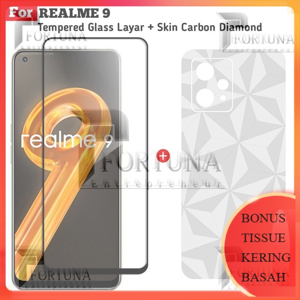 TG + SKIN Paket Tempered Glass Realme 9 Screen Guard List Hitam Dan Skin Diamond Garskin Handphone