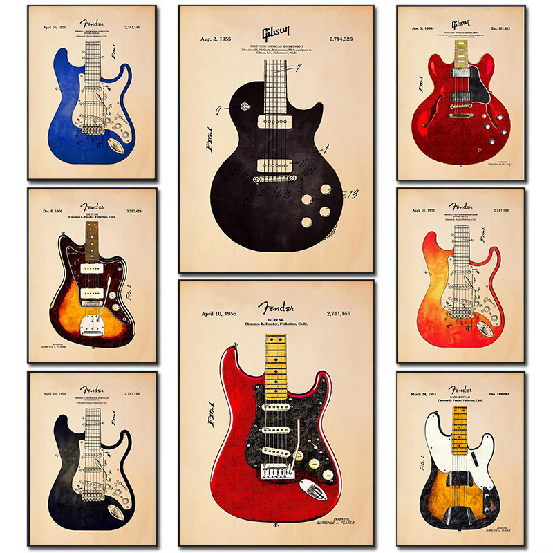 

Vintage Watercolor Guitar Tutorial Rock Music Abstract Poster Canvas Painting and Prints Wall Art Picture for Bedroom Home Decor