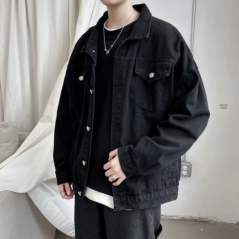 Black Denim Short Jacket Men Turn Down Collar Bomber Jacket Jeans Coats Casual Pockets Overalls Stre